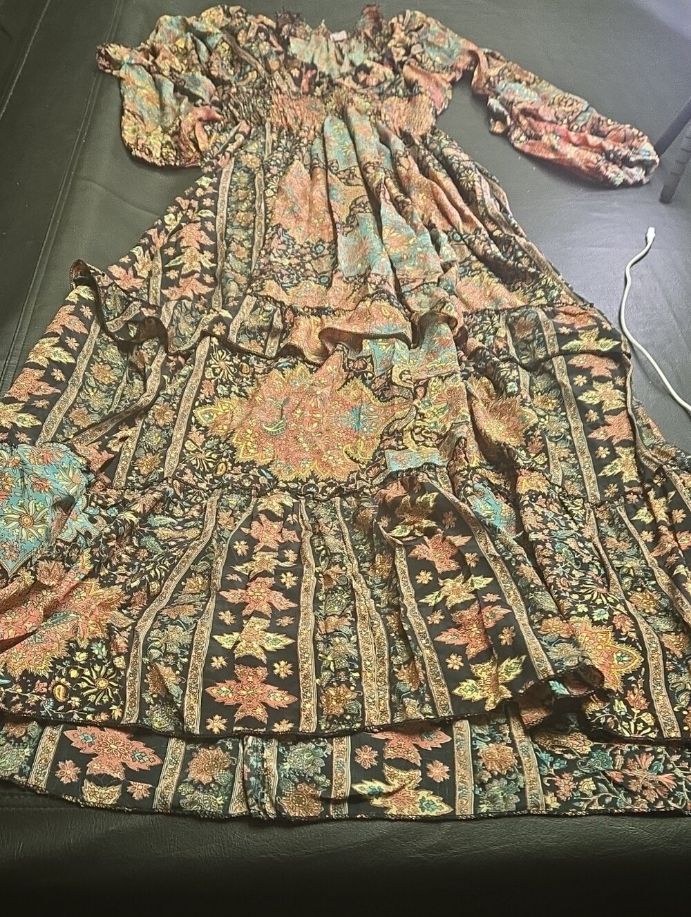 Bohemian Floral Tiered Maxi Dress in Black and Teal